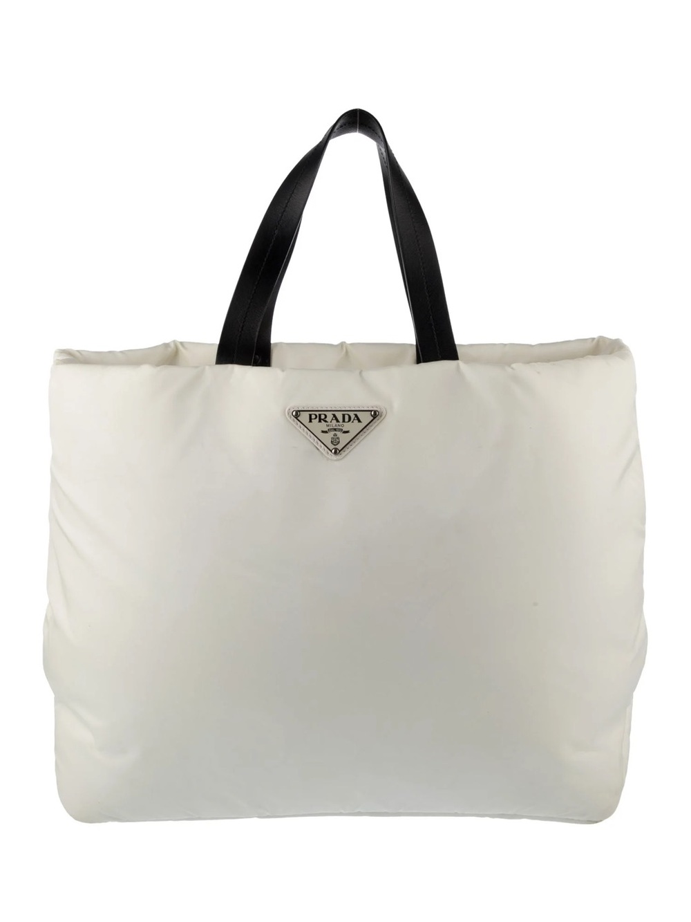 Prada Medium Calf-Trimmed Padded Tessuto Tote White w/ Black Leather Straps